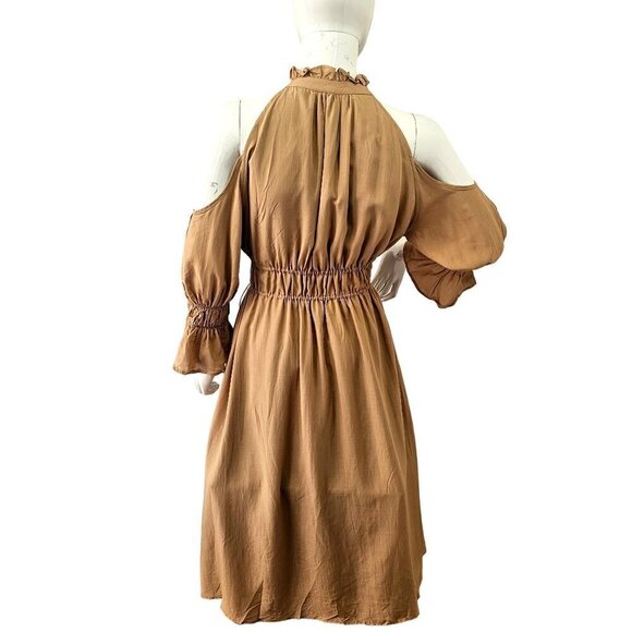 SHEIN Premium Gatherd Flowy Midi Dress Women S Cold Shoulder Halter Neck Tan NEW - Picture 5 of 8